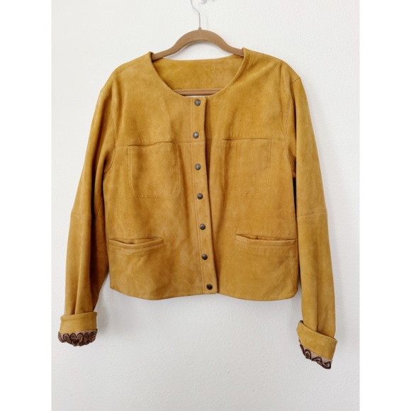 Free People Collarless Saddle Stitch Suede Leather Jacket Camel L - Picture 3 of 8
